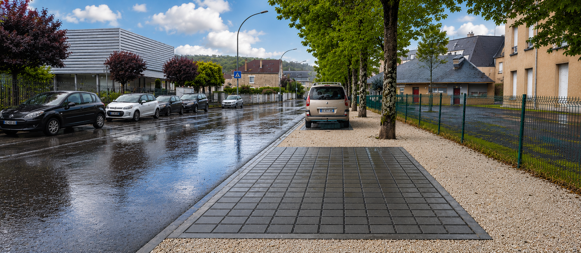 Parking municipal perméable en ville sous la pluie — infiltration des eaux pluviales par dalle alvéolaire OCITY PAV65