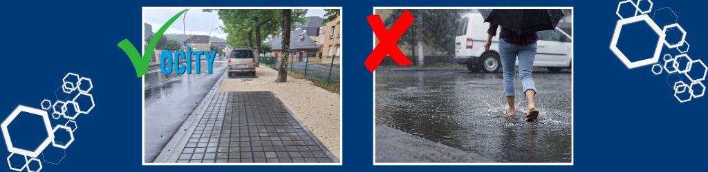 Parking municipal perméable en ville sous la pluie — infiltration des eaux pluviales par dalle alvéolaire OCITY PAV65