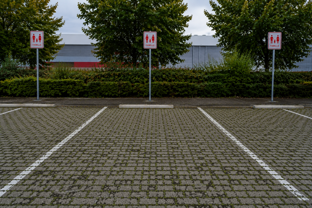 Places de parking familles avec enfants en pavés drainants usés — signalétique prioritaire sur surface perméable commerciale