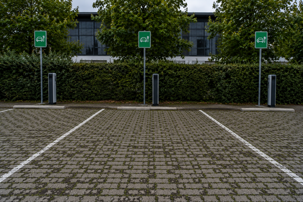 Places de recharge véhicules électriques sur parking en pavés drainants — bornes IRVE sur surface perméable en zone commerciale